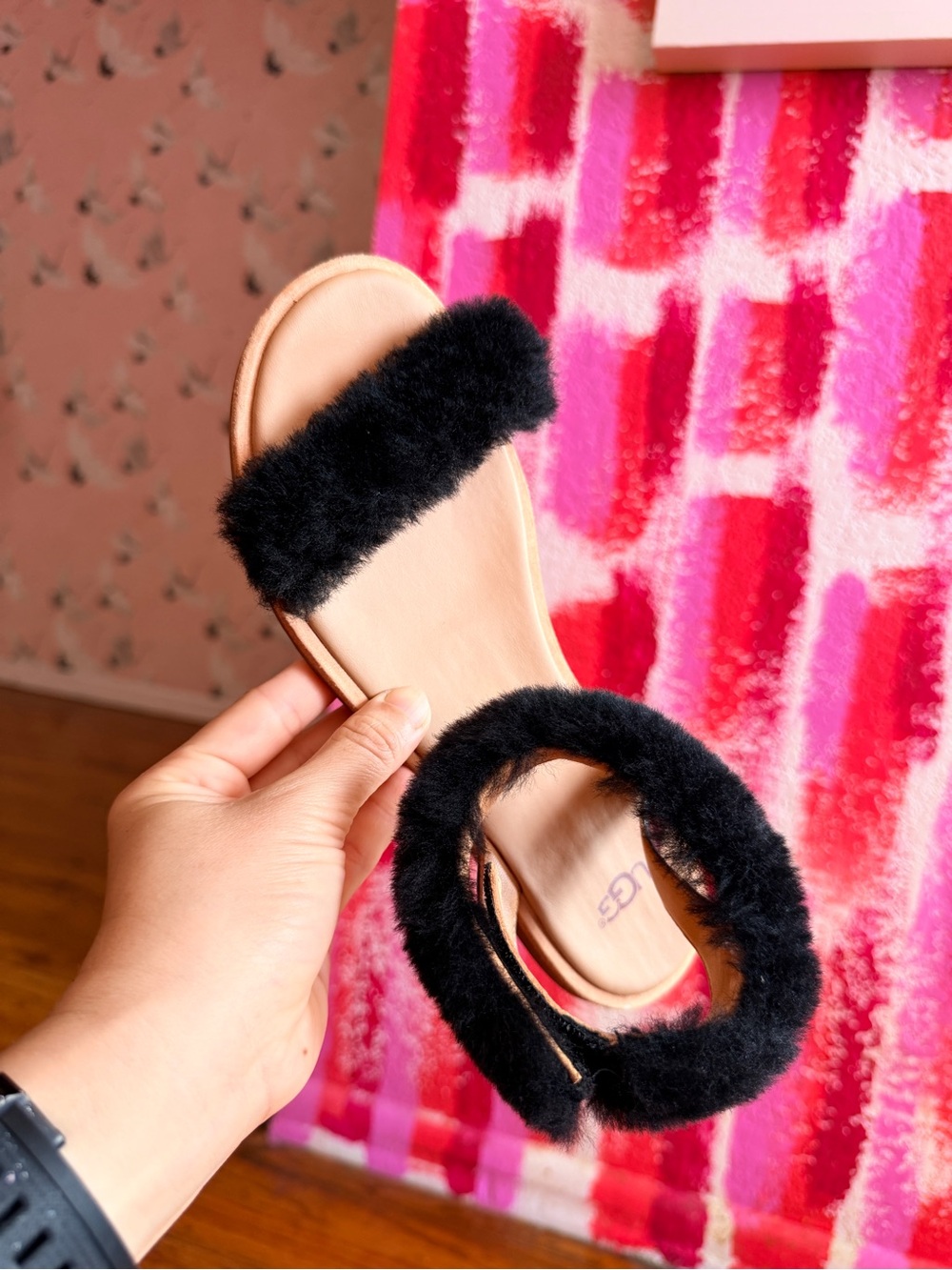 UGG Black Shearling ankle Strap Open-Toe Sandals size 6